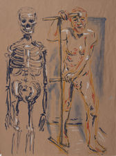 Alfred and a Skeleton 48” x 36” Oil Stick, Turpentine on Paper