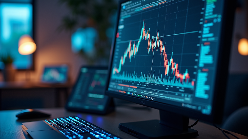 Vista frontal de una computadora con gráficos de criptomonedas en pantalla