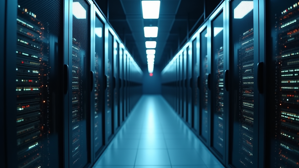 Eye-level view of a server room with AI data processing equipment