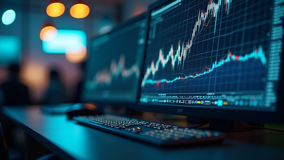Vista frontal de una computadora con gráficos de criptomonedas en pantalla