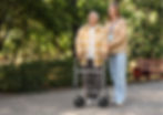 Elderly woman with a walker and smiling caregiver outdoors on a sunny day. They're on a path surrounded by green trees and a red bench.