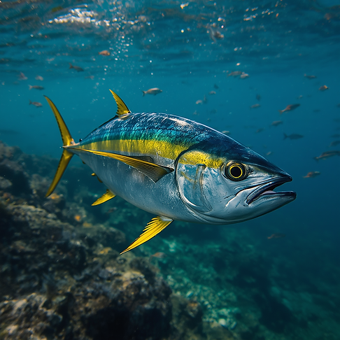 professional photo of Fotografía de un atún de aleta amarilla (yellowfin tuna), imagen rea