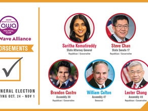 Asian Wave Alliance Endorses Saritha Komitareddy, Stephen Chan, William Colton, Lester Chang, and Brandon Castro in the November General Election