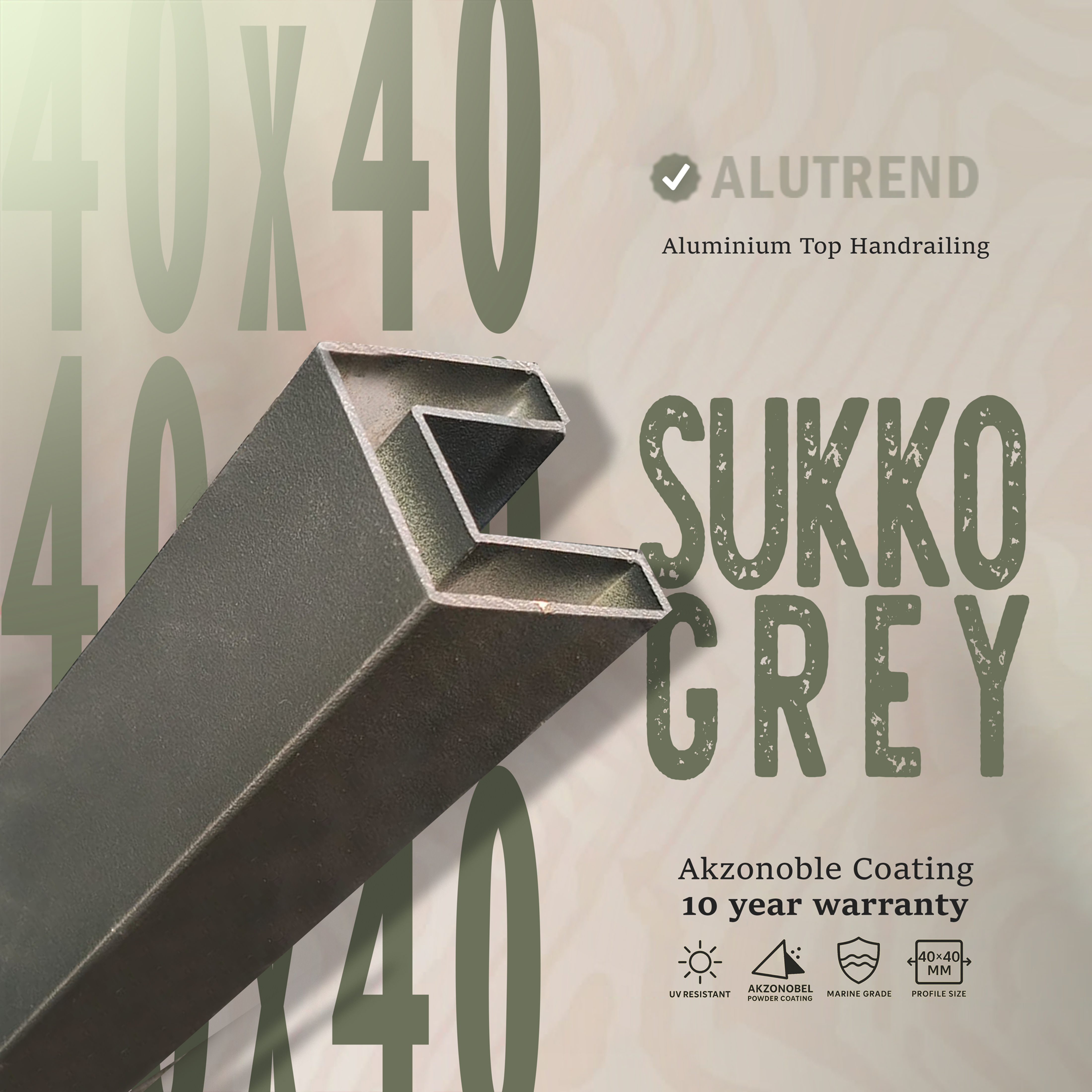 40x40mm aluminium top handrail profile in Sukko Grey finish