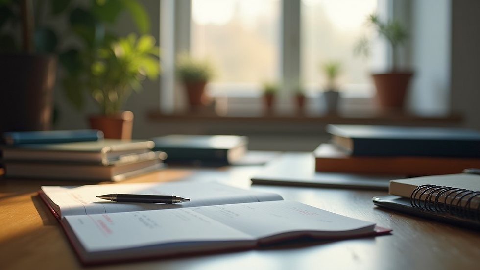 Eye-level view of a study desk with books and a notebook