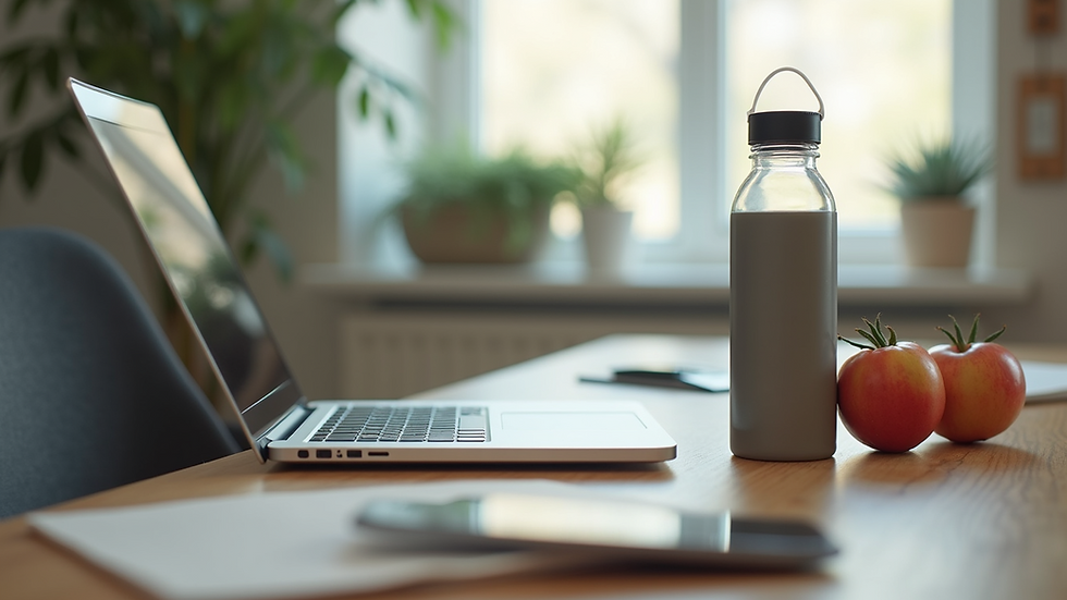 Close-up view of a desk with a laptop, water bottle, and healthy snacks