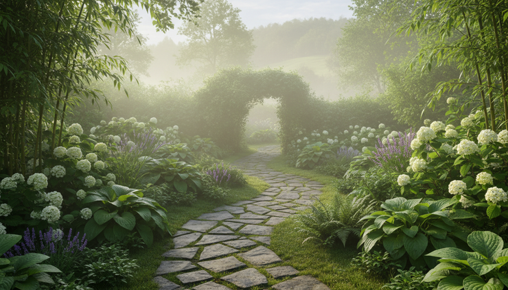 Wide-angle view of a peaceful garden path with soft morning light and green plants.