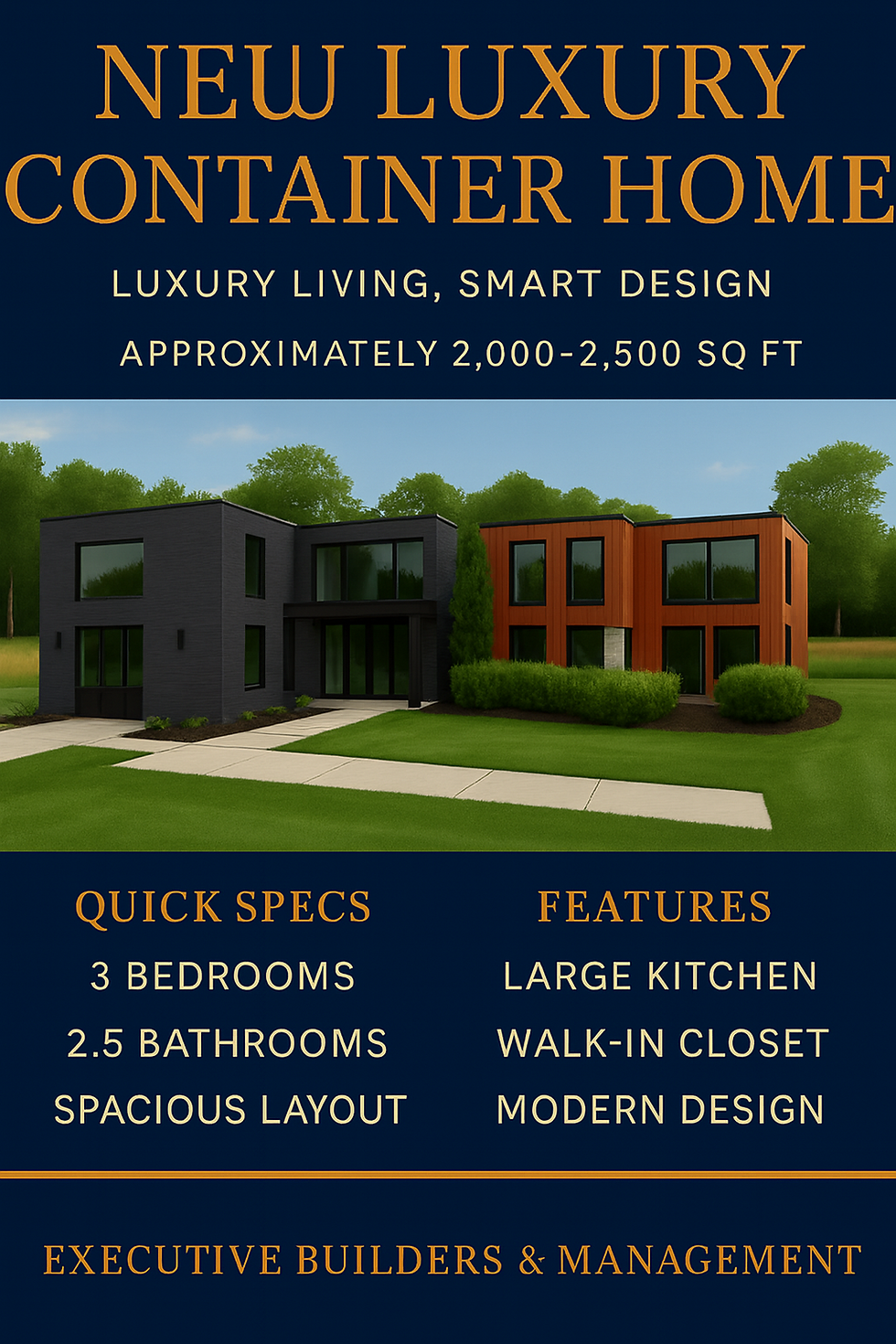 New Luxury Container Home, luxury living, smart design, Executive Builders & Management.