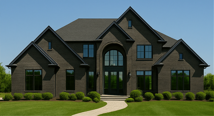 Modern home exterior with lush landscaping, bright sky, arched entryway HOME