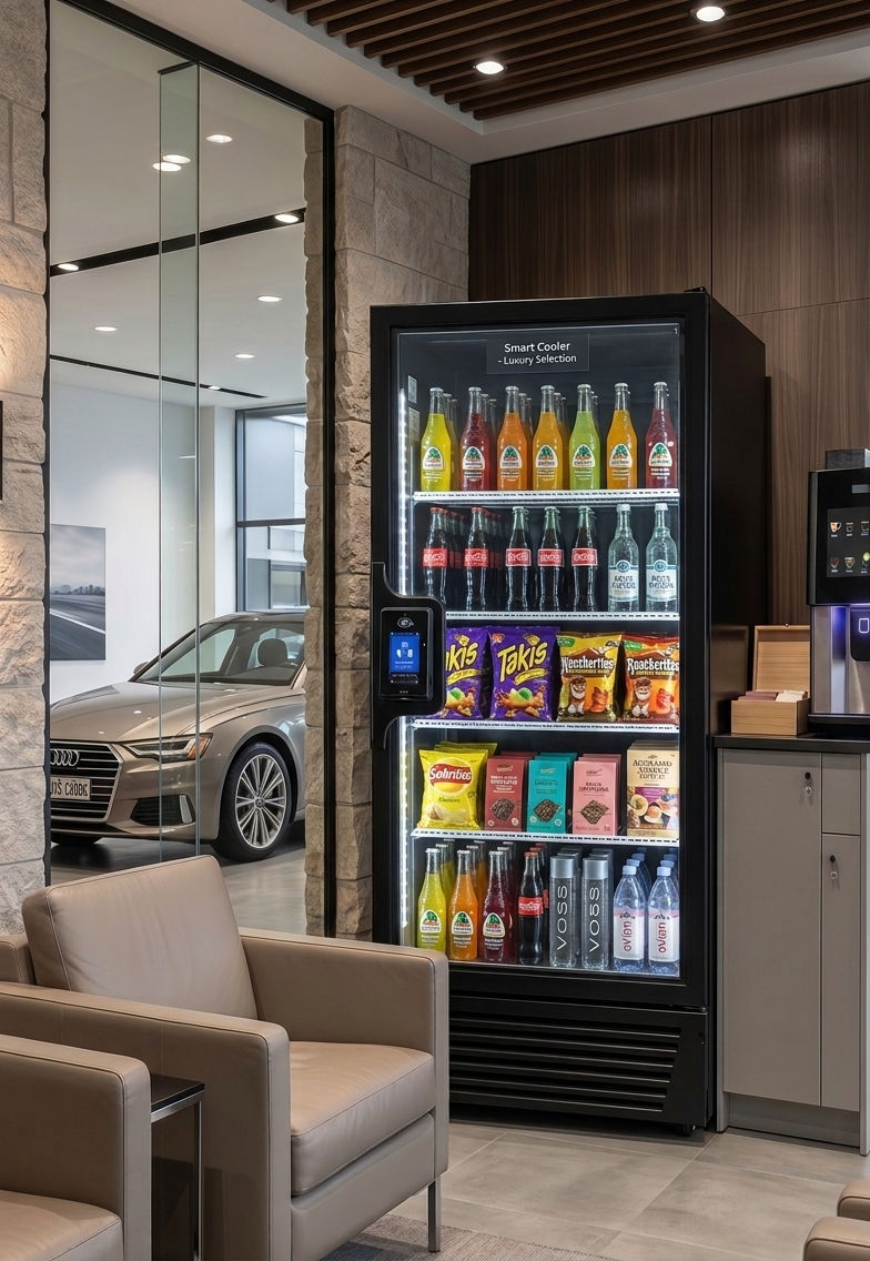 Smart cooler vending machine filled with Mexican snacks and beverages in a luxury car dealership showroom in Los Cabos, Mexico