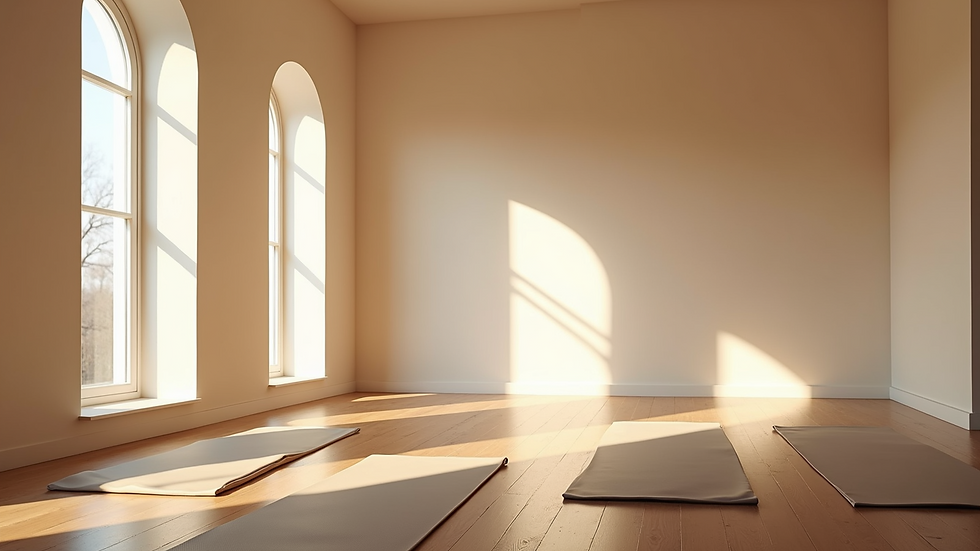 High angle view of a serene yoga studio with mats and soft lighting