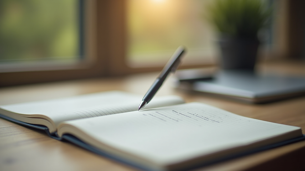 Close-up view of a journal and pen on a wooden table, symbolizing reflection and goal setting