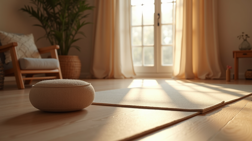 Eye-level view of a cozy room with a yoga mat and meditation cushion