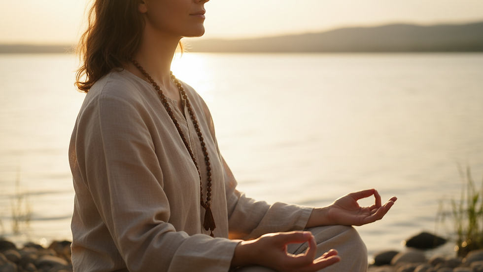 Close-up view of a person meditating with a serene lake in the background