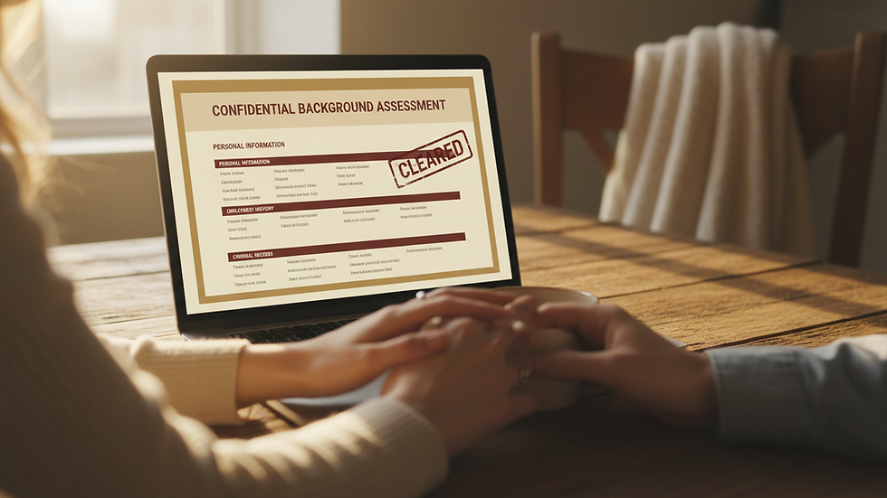 Eye-level view of a laptop screen displaying a background check report