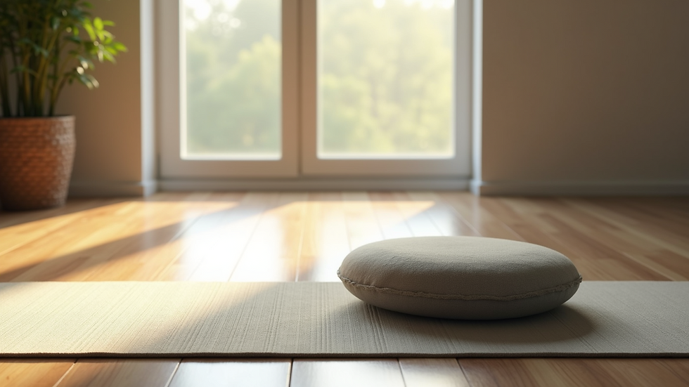Close-up view of a yoga mat and meditation cushion in a serene room