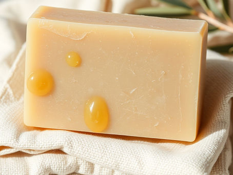 Handmade cold-process soap on a linen cloth with an olive branch