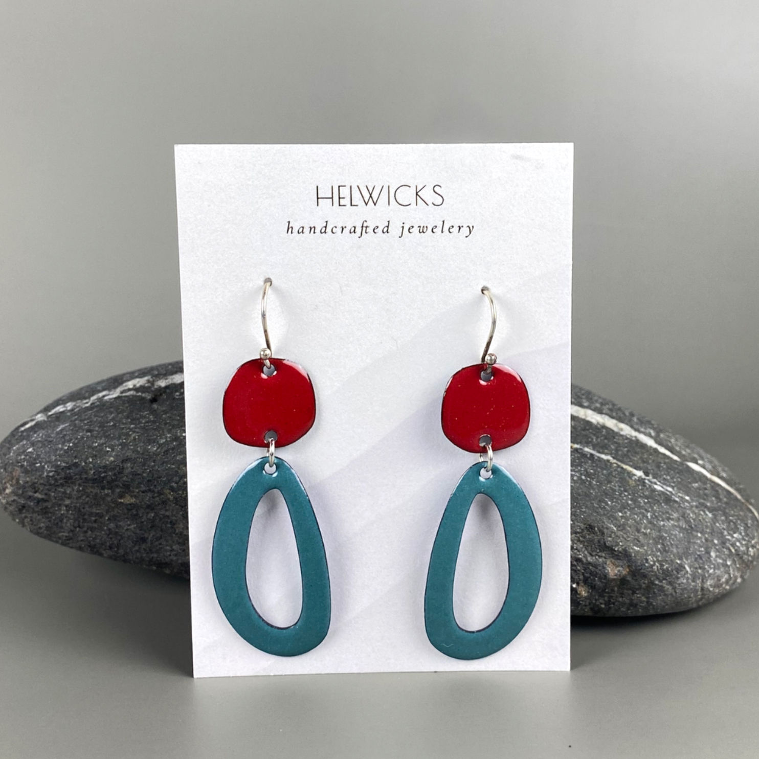 Dark Red and Delft Blue Dangle Enamel Earrings