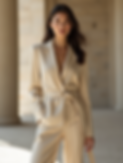 A chic model confidently wearing a luxurious neutral-toned outfit with a single statement