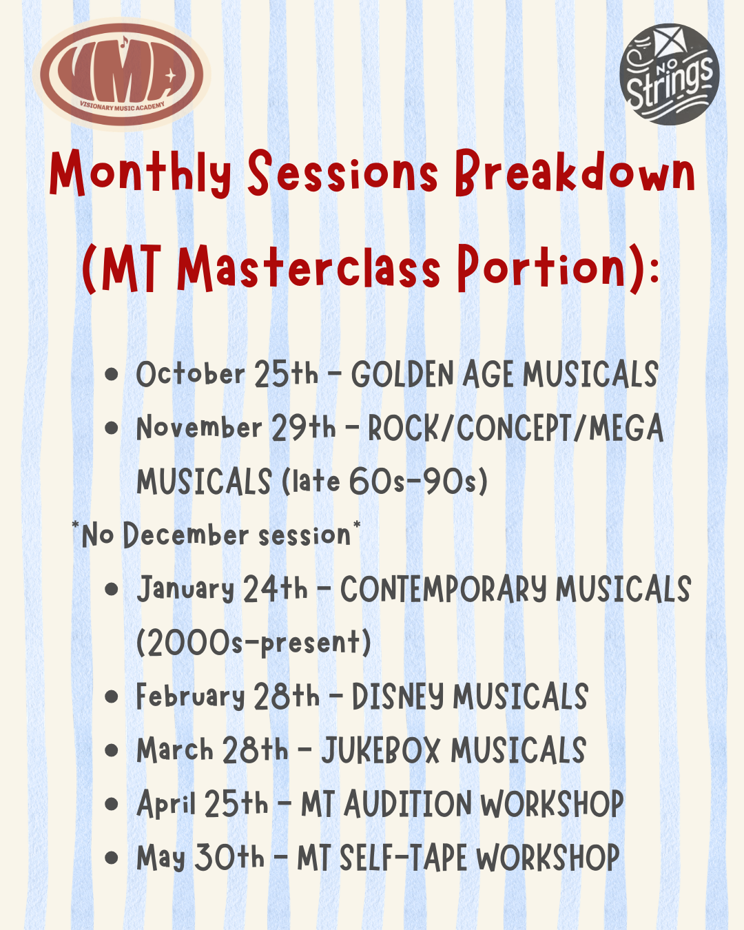 Official NST and VMA teen musical theatre workshop graphic listing the seven session dates and themes