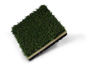 Image of bright green artificial turf showcased on a white background. 