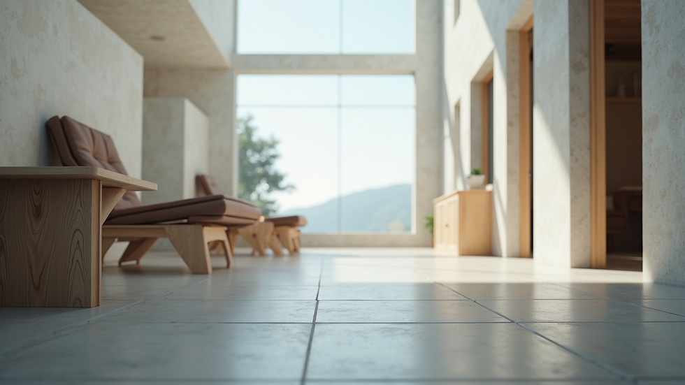 Eye-level view of polished concrete floor with modern furniture