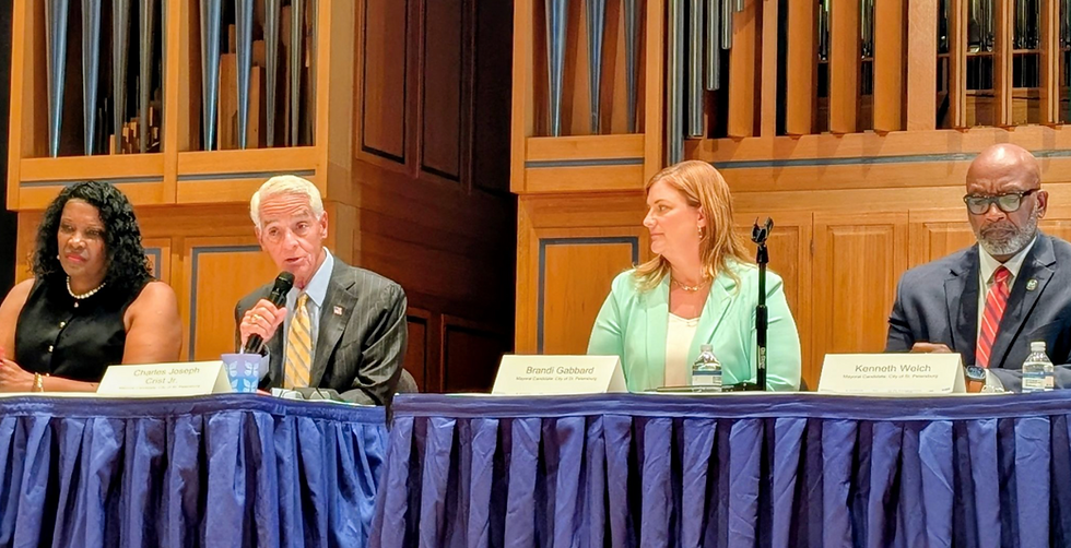 From left: Maria Scruggs, Charlie Crist, Councilmember Brandi Gabbard, and Mayor Ken Welch. Each candidate had one minute to answer the same question. (Photo by Mark Parker / Power Broker Magazine)