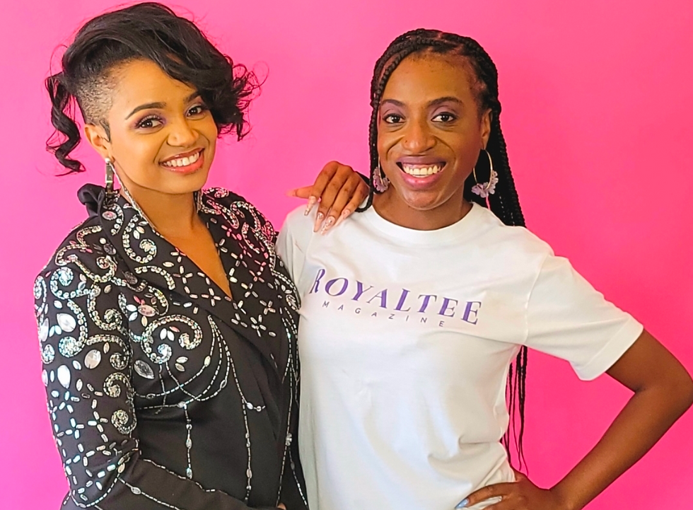Alexia McKay with actress Kyla Pratt on the set of a cover shoot for RoyalTee Magazine.