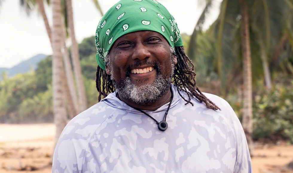 Dwight “the Dreaded Fisherman” Hudgins, co-owner of Barbara’s Kitchen in Largo, is one of 12 contestants on Chopped Castaways, a new series from the Food Network. Image: Screengrab. 