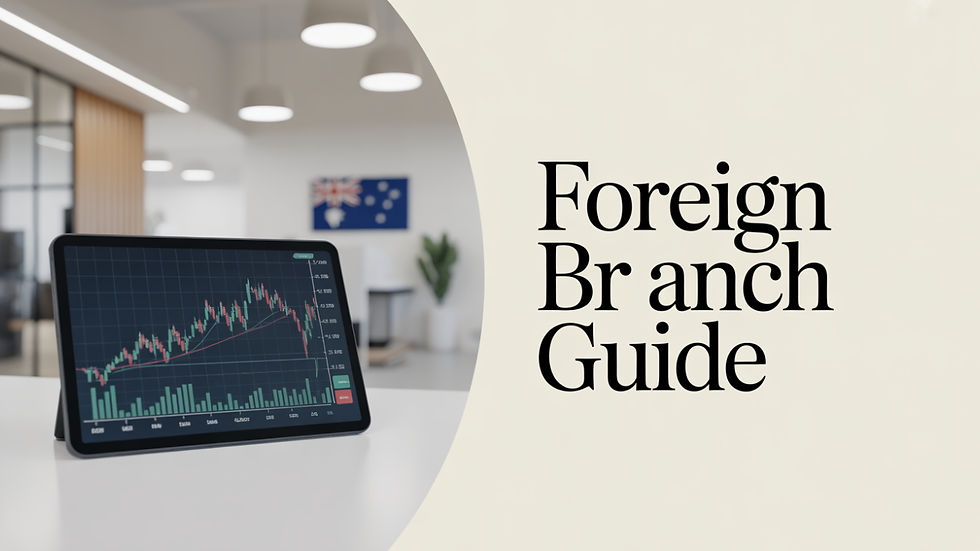 A tablet displaying a stock market chart in an office with the Australian flag and a text that reads "Foreign Branch Guide".