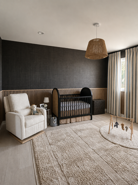 Modern Los Angeles children's nursery with black wall, paneled bead board and rattan light fixture.