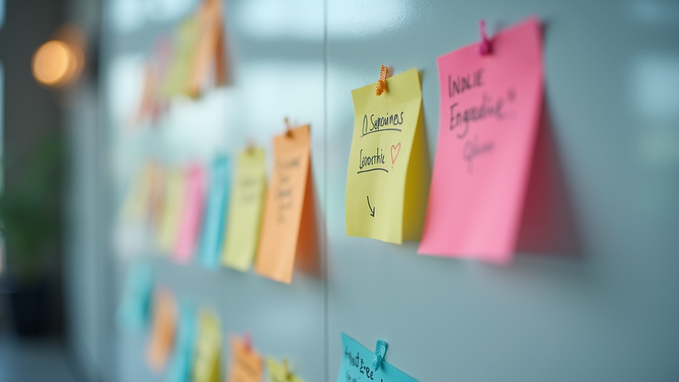 Close-up view of a project board with sticky notes representing agile tasks
