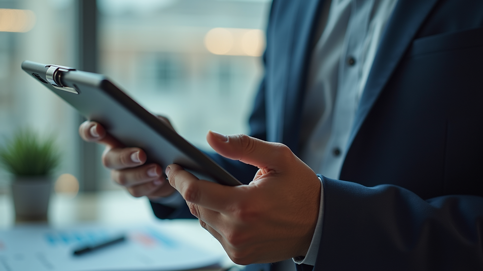 Close-up view of a consultant explaining estimating data on a tablet