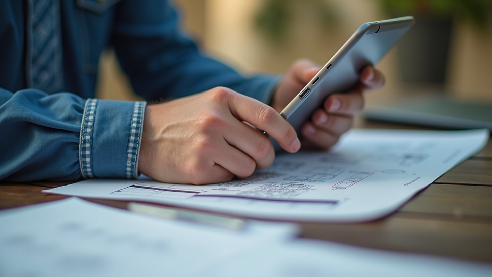 Close-up of a project manager reviewing restoration plans on a tablet