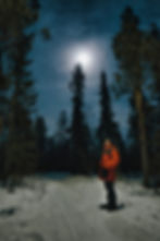 Hombre en bosque invernal bajo la luna.