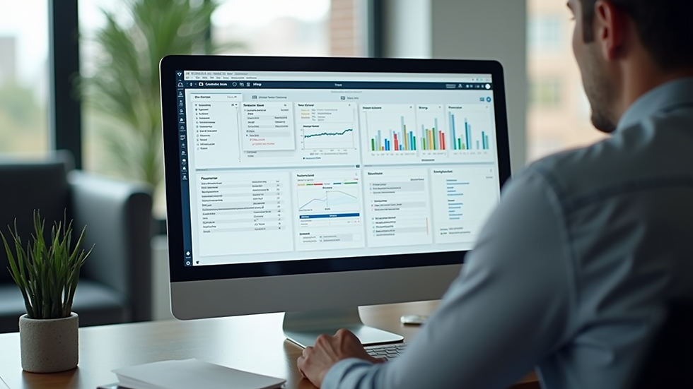 Eye-level view of a modern workspace with contract management software on display