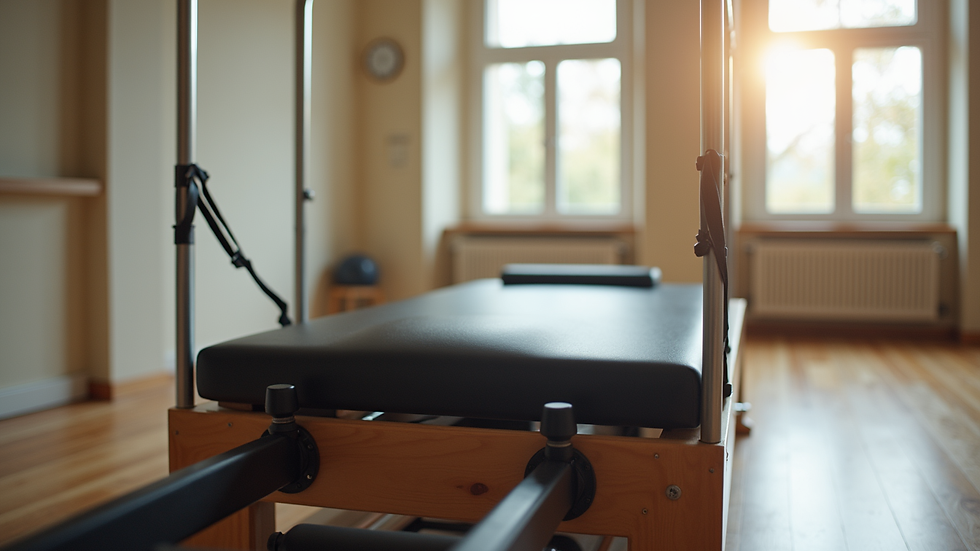 Eye-level view of a Reformer Pilates machine in a serene studio setting