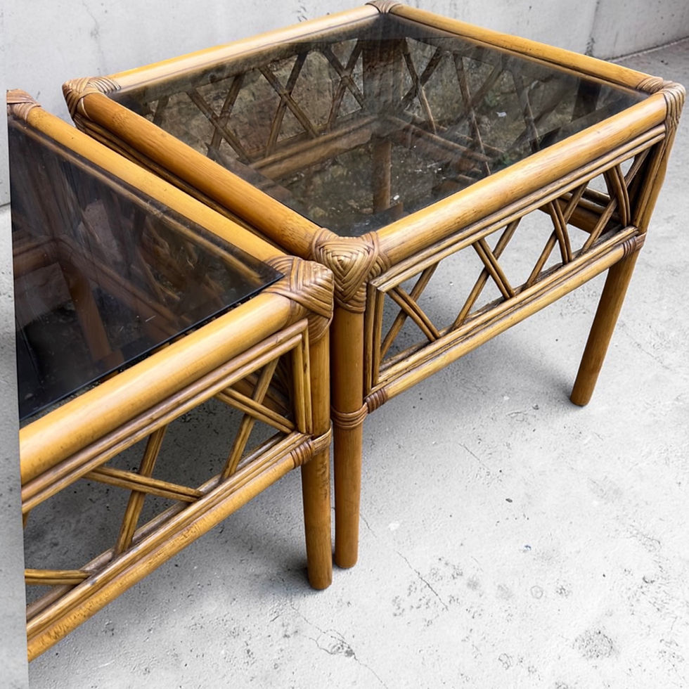 Thumbnail: Pair of mid century Bamboo & Rattan side tables