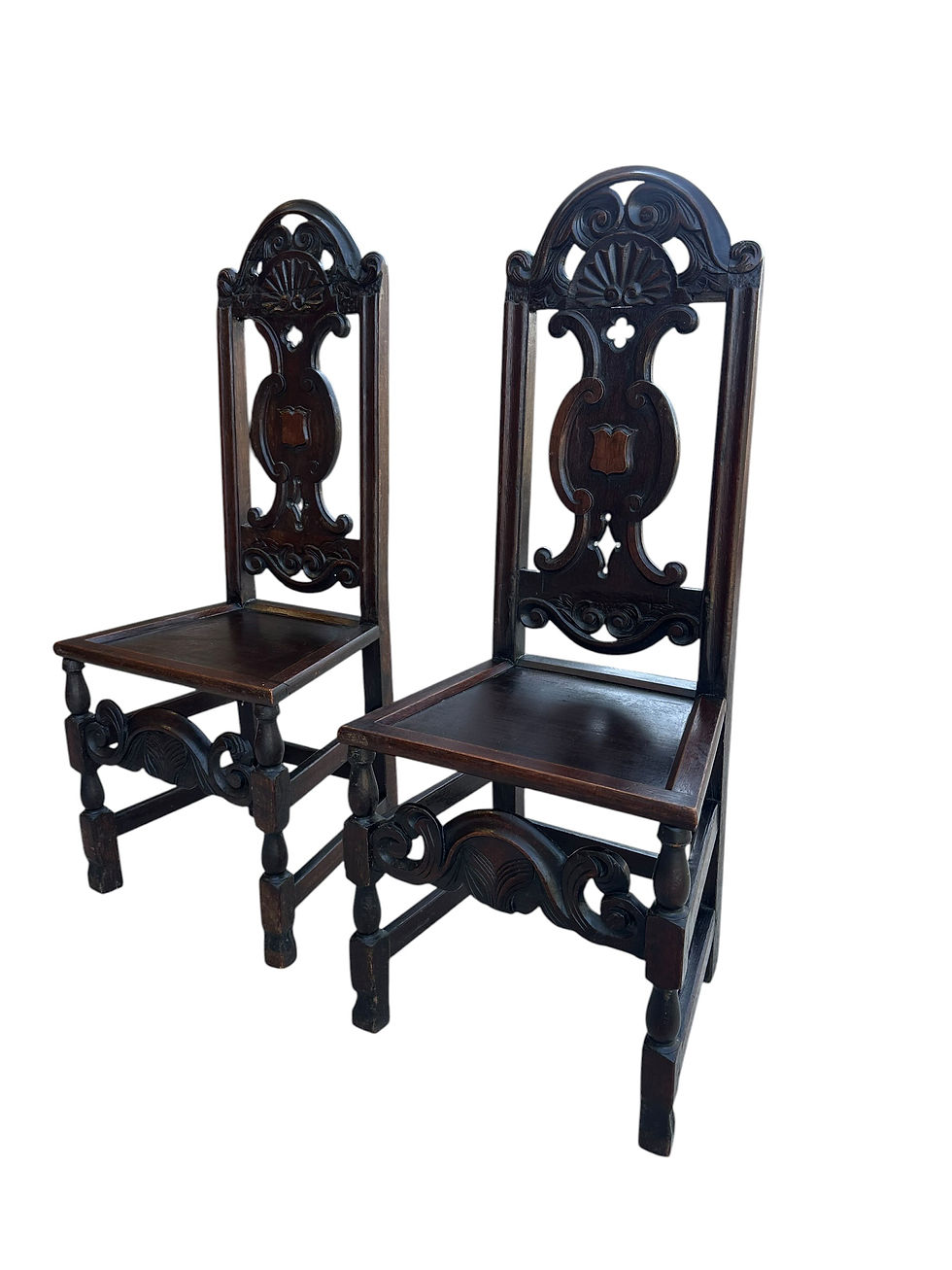 Thumbnail: Victorian Jacobean Revival carved oak side/hall chairs