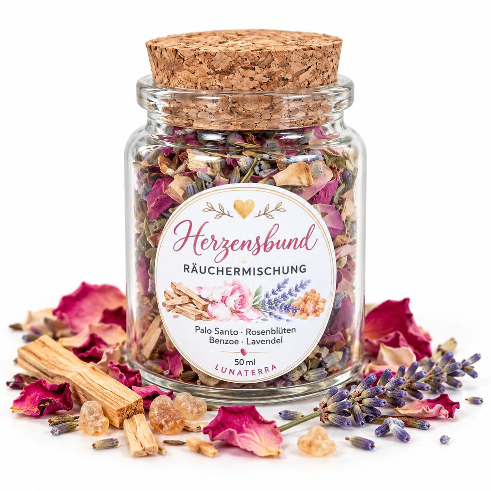 Räuchermischung Herzensbund im Korkglas mit Rosenblüten, Lavendel, Palo Santo und Benzoe auf weißem Hintergrund.