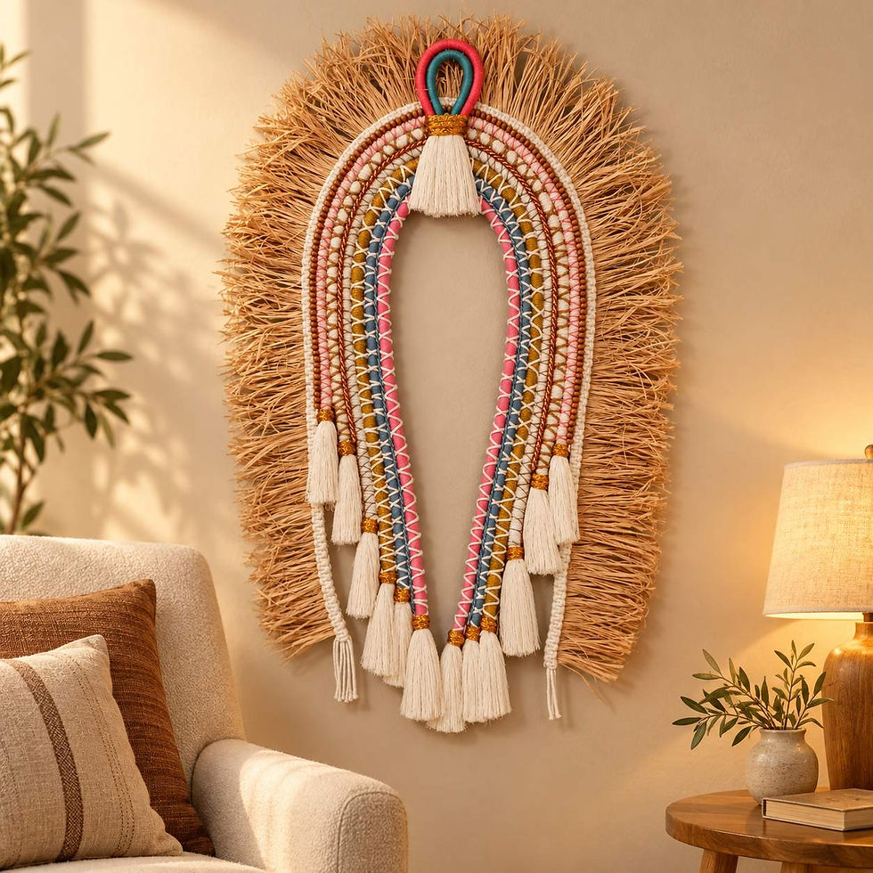 Wandbehang Sonnenbogen mit abstehenden Bastfasern und geflochtenen Bändern in einer gemütlichen Wohnecke.