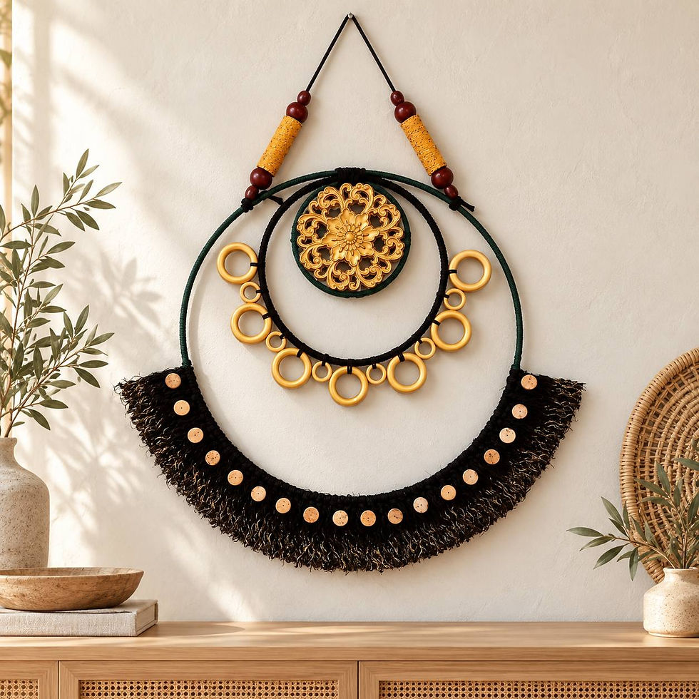 Wandbehang Zauber von Marrakesch als goldfarben akzentuierte Wanddekoration über einer Kommode im Boho-Stil.