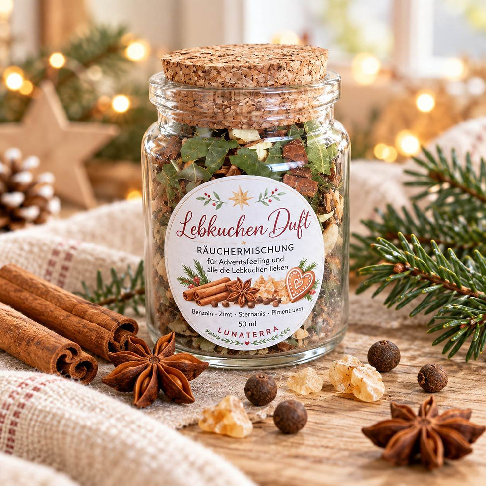 Räuchermischung LebkuchenDuft mit winterlichen Gewürzen, Tannenzweigen und warmen Lichtern im Hintergrund.