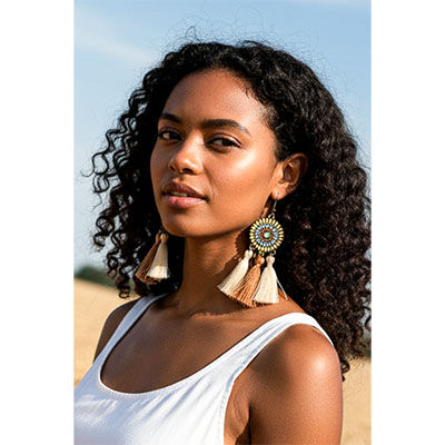 Boho Quasten Ohrringe in Beige und Braun mit Bronze Ornamenten, lange Statement Ohrringe – Desert Soul für einen natürlichen,
