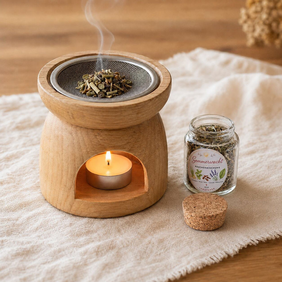 Miniaturbild: Sommerwacht Räuchermischung neben einem Holz-Räucherstövchen mit Teelicht und Kräutern auf dem Räuchersieb