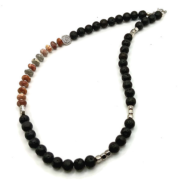 Thumbnail: "Edelsteinhalskette mit Crazy Lace Agate, Lavaperlen, Silberperlen und Edelstahlzwischenperlen."