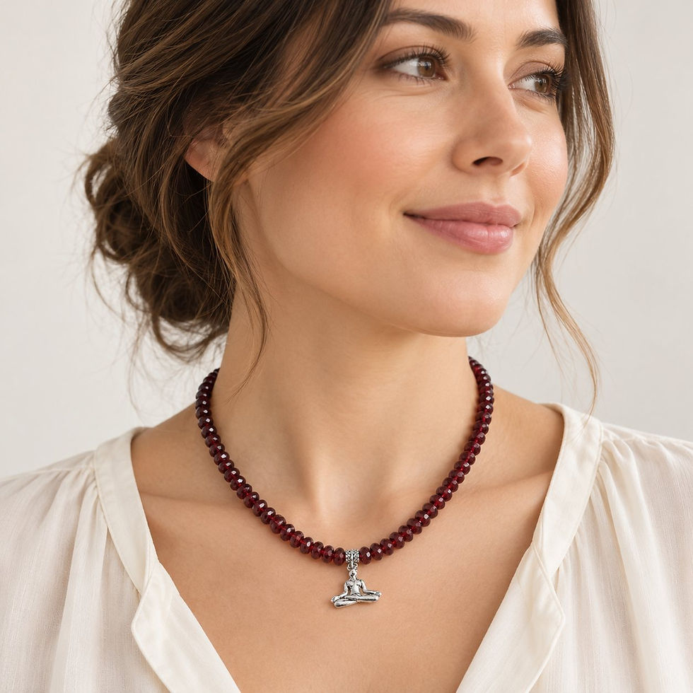 Edelstein Halskette Granat Energie mit dunkelroten Granatperlen und Meditationsanhänger an einem Model getragen