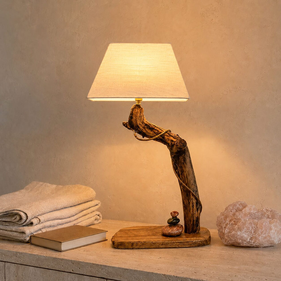 Beleuchtete Treibholz-Tischlampe Liberty mit gebogenem Holzstamm und cremefarbenem Schirm auf heller Kommode
