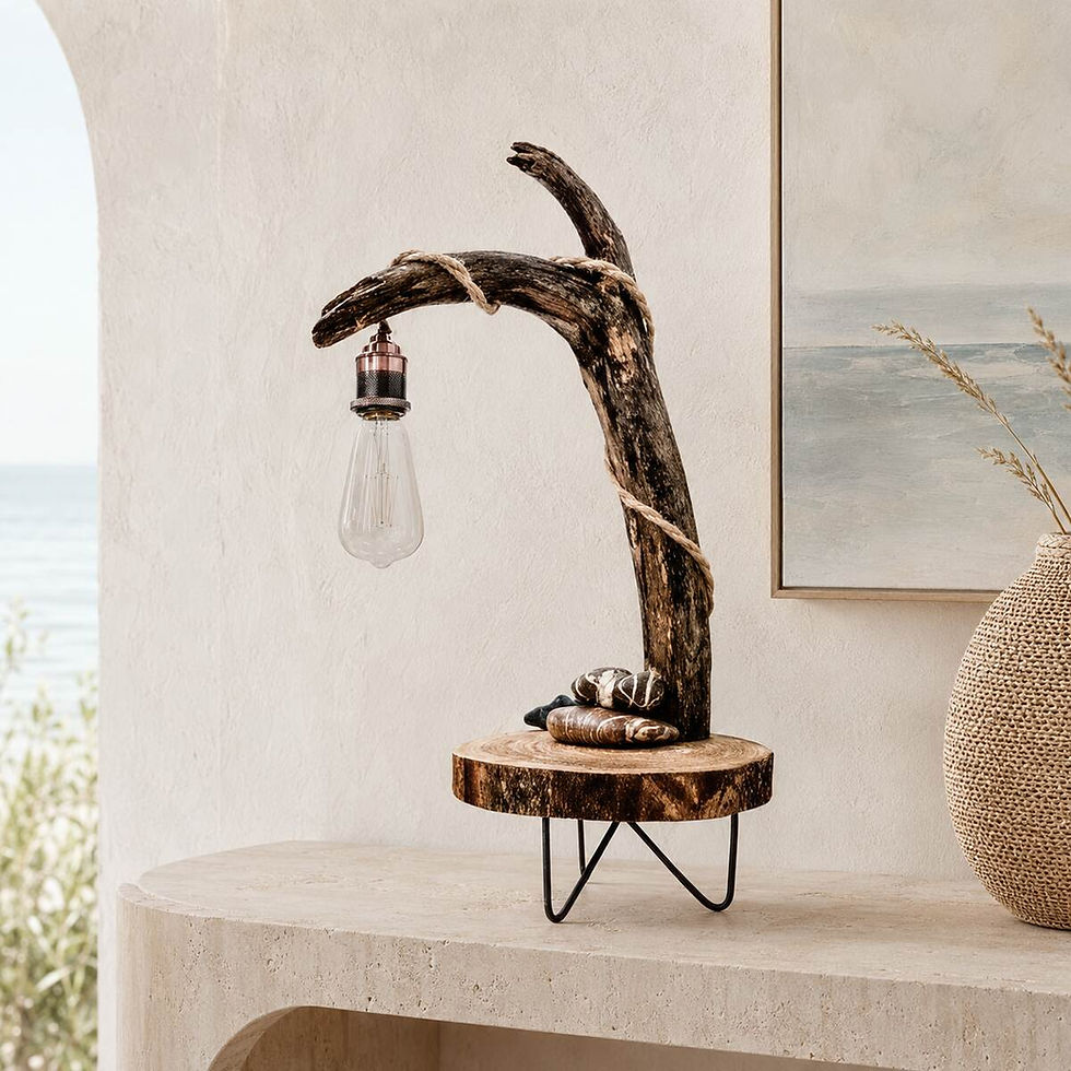 Unbeleuchtete Treibholz-Tischlampe Poseidon mit gegabelter Holzform in einem hellen Küstenambiente