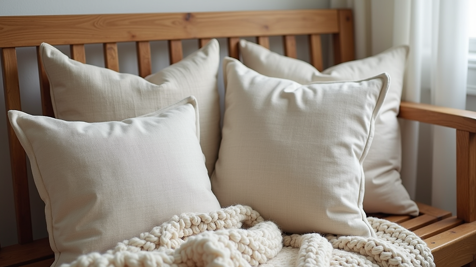 Close-up view of natural linen cushions and a knitted blanket on a wooden bench